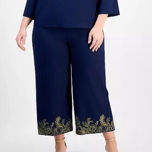 JM Collection | Navy Blue Capri Pants with Gold Embroidery